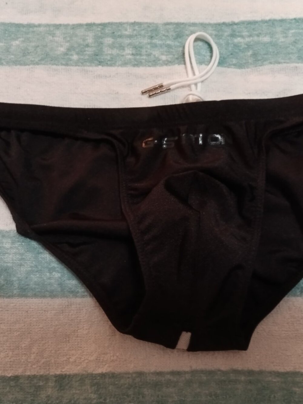 NWOT "G-STATION" 1/2" SIDES SWIM BIKIN BRIEF, Black/Blue, Asian "L" (28"-30")